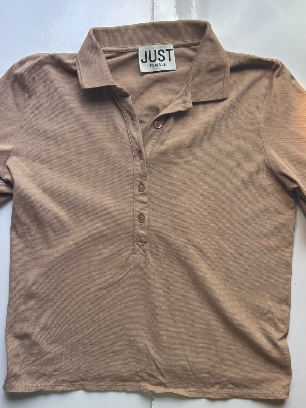 JUST Female Taupe Knit Polo with Button Placket short sleeve bloquette old money